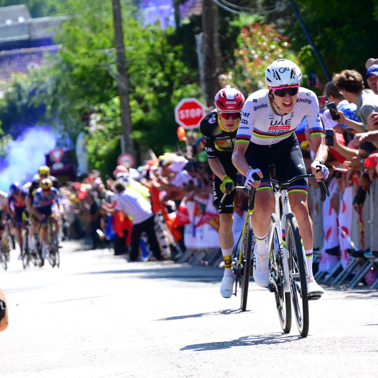 Tadej Pogačar (UAE Team Emirates-XRG) on his way to winning stage 4 of the 2025 Tour de France