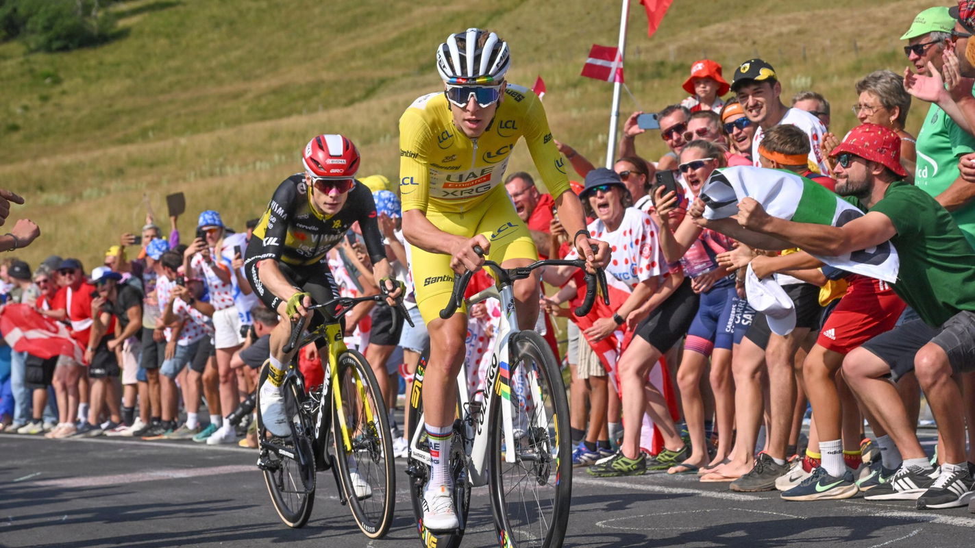 Tadej Pogačar is followed by Jonas Vingegaard during stage 10 of the 2025 Tour de France