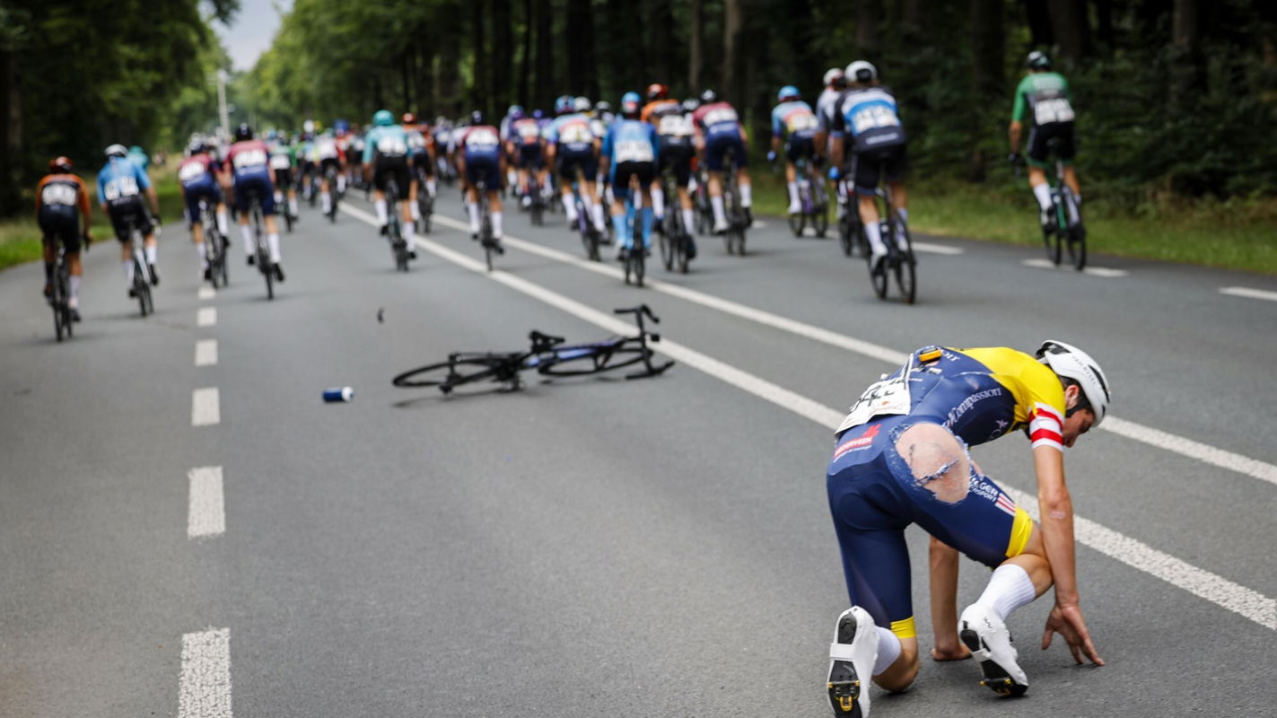 A rider recovers after a crash at the 2025 Dutch road championships