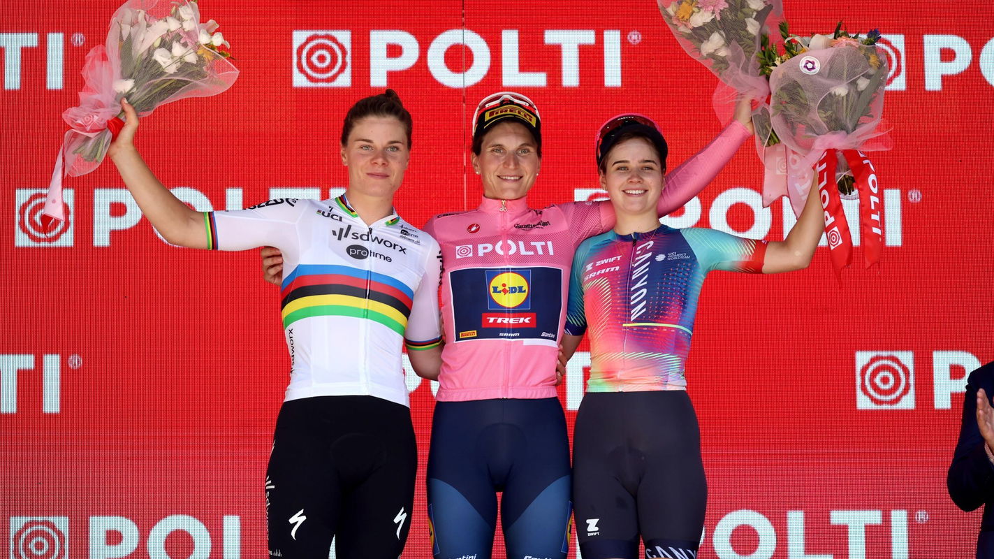 Elisa Longo Borghini, Lotte Kopecky and Neve Bradbury on the final podium of the 2024 Giro d'Italia